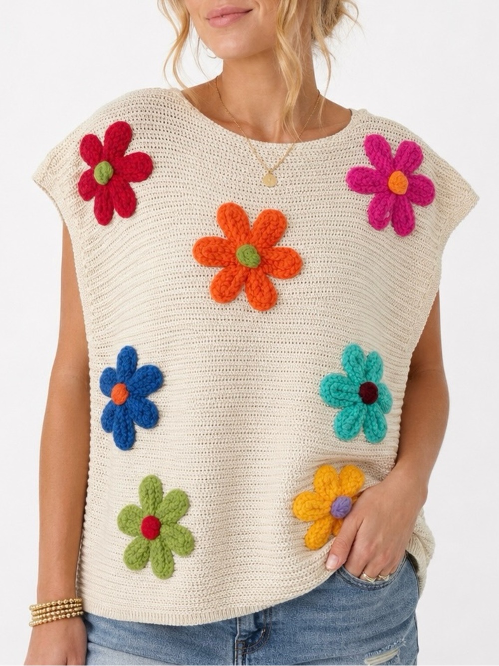 Cream Crochet Tank with Colorful 3D Flower Appliqués